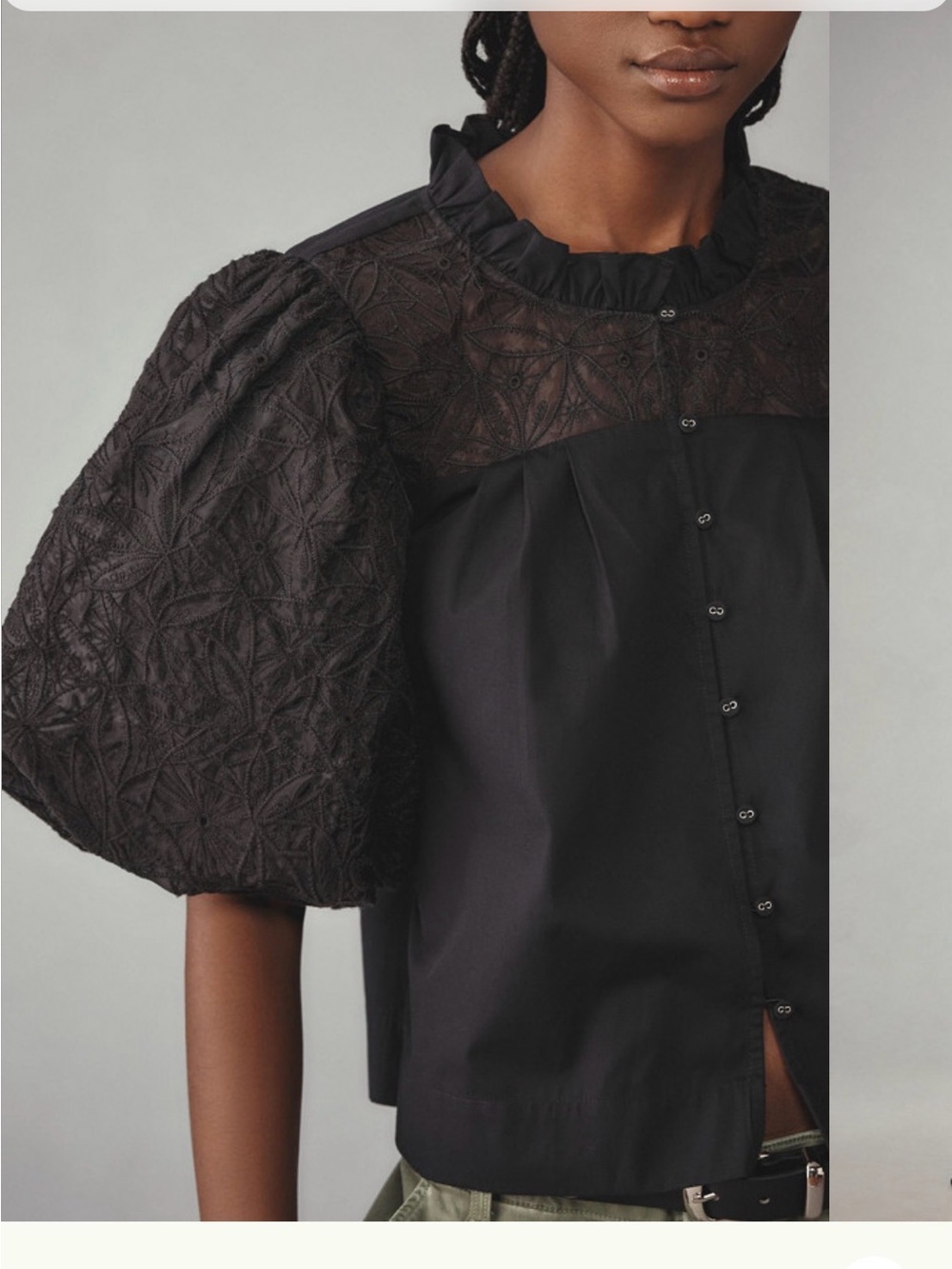 Maeve Black Puff-Sleeve Button-Front Blouse